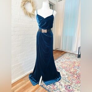 Davids Bridal Blue Sparkle Velvet Maxi Dress with Faux Wrap Top
